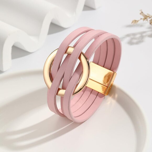 Pink Charm Leather Wrap Strand Handmade Cuff Bracelets for Women Holiday Jewelry - Picture 2 of 3